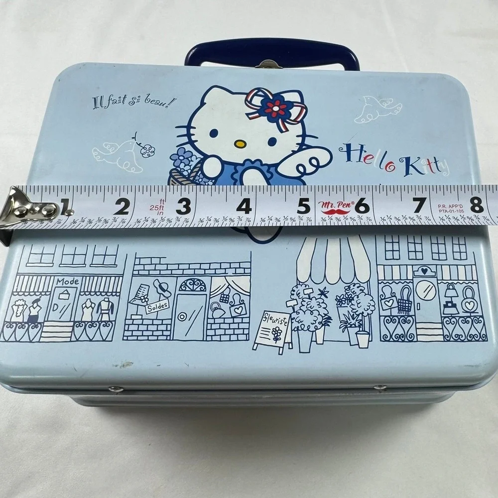 VTG 2002 Sanrio Hello Kitty Metal Lunch Box Tin French Cafe Blue Y2K Stationery